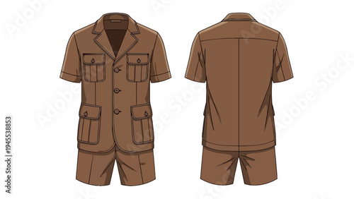 Expeditionary brown short-sleeved safari suit with practical utility pockets depicted in detailed front and rear view for adventurous explorations.