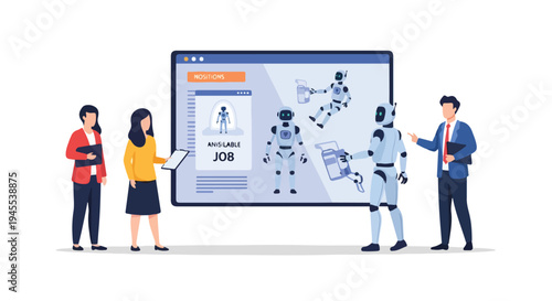 Flat 2D illustration of people discussing automation and AI replacing jobs on a large computer screen with a concept diagram.