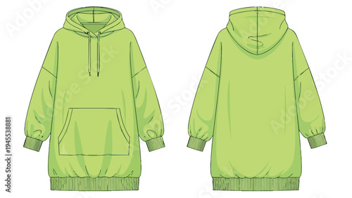 Fashion flat sketch of an oversized lime green hoodie dress with kangaroo pocket and drawstring hood front and back views