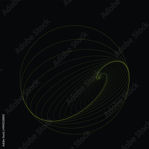 Abstract yellow spirograph pattern forming swirling geometric spiral galaxy on black background with thin mathematical orbital lines