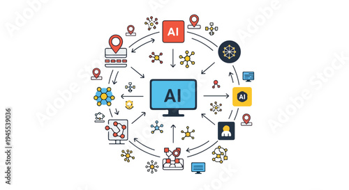 Flat 2D illustration of a technology ecosystem with AI icons and symbols connected around a central computer monitor on a white background.