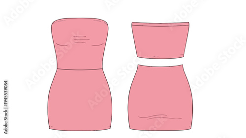 This artwork features a chic pink strapless mini dress silhouette alongside its versatile two-piece counterpart a stylish crop top and skirt combo a