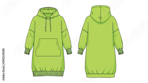 Modern oversized lime green hooded dress flat sketch depicting front and back design for fashion illustration technical drawing comfortable relaxed