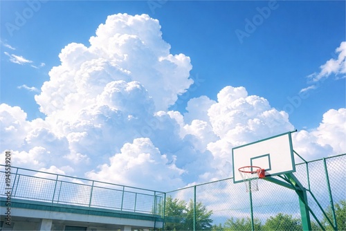 Basketball hoop under majestic white clouds and blue sky