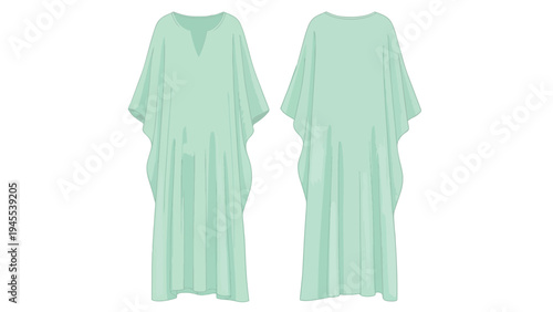 Elegant aqua caftan garment design front and back views for fashion illustration and apparel development featuring flowing silhouette and v-neck
