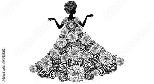 Black silhouette woman in floral dress vector illustration