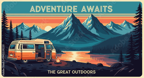 Retro Camper Van Adventure by Lake at Sunset, Mountains and Forest Landscape