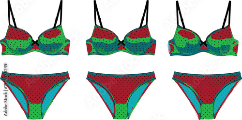 Colorful polka dot women lingerie set collection, bra and panties underwear fashion vector illustration isolated stylish female intimate apparel design