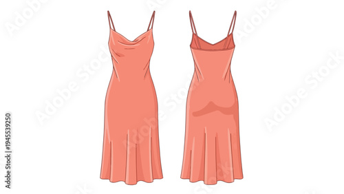 Elegant salmon slip dress design flat lay front and back views displaying fluid fabric drape and delicate spaghetti straps perfect for fashion