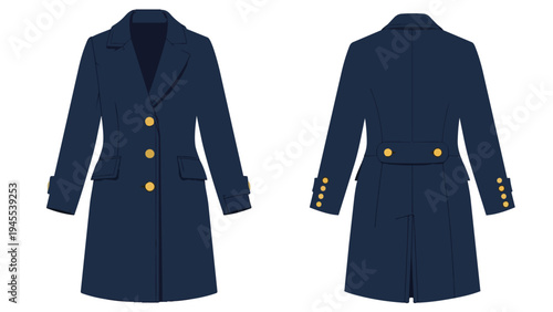 Classic navy blue fashion coat illustration showcasing both front and back views with distinctive golden button accents, ideal for apparel design