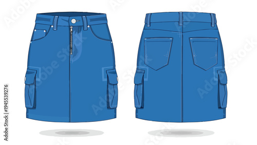 Detailed vector illustration of a versatile blue denim cargo mini-skirt displaying both front and rear perspectives with practical pockets and a