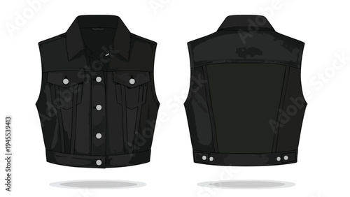 A precise vector graphic displaying the front and back views of a classic black denim vest a versatile apparel item for modern fashion design and