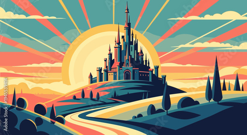 Whimsical Castle Fantasy Landscape at Sunrise with Vibrant Rays