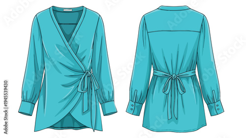 Elegant aqua wrap blouse fashion illustration showcasing front and back views a versatile long-sleeved garment perfect for stylish women seeking