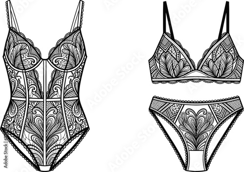 Elegant floral lace lingerie set and bodysuit detailed ornamental line art vector illustration, fashion underwear design isolated white background vintage style