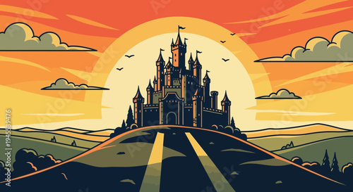 Fairytale Castle on Hilltop at Sunset, Fantasy Landscape with Dramatic Sky