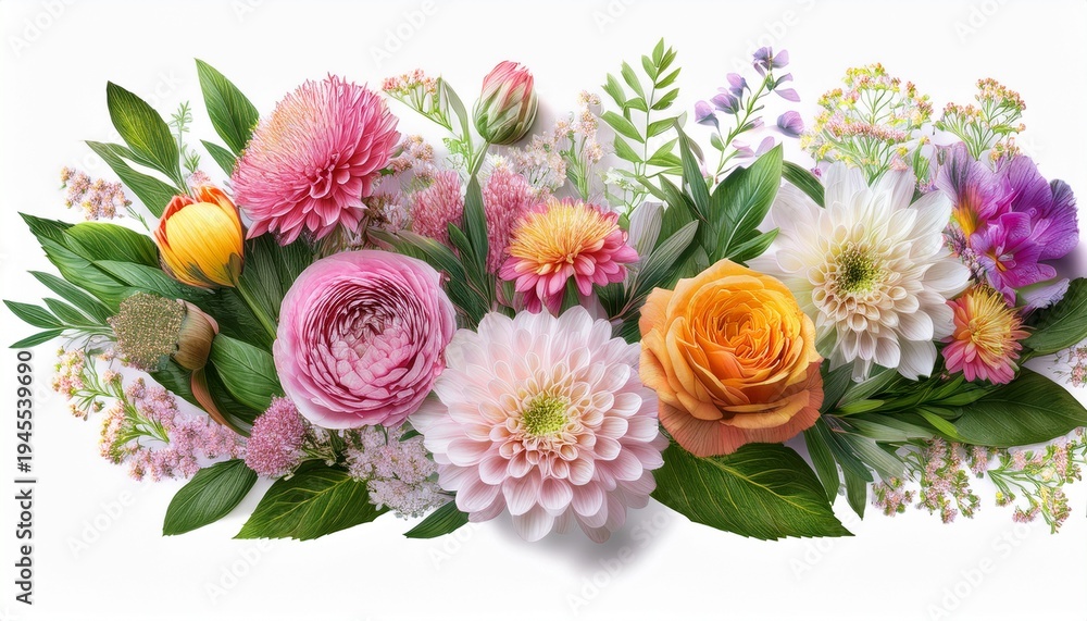 Obraz premium Horizontal Rectangular Botanical Compositions With A Transparent Background Decorated With Flowers Blossoms Romantic Bouquets