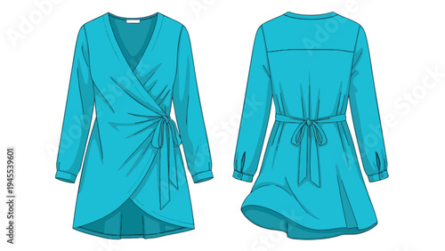 Vibrant turquoise blue long-sleeve wrap dress technical flat sketch illustration depicting detailed front and back views perfect for fashion design