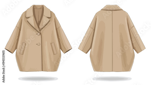 Stylish oversized trench coat vector illustration, front and back view, neutral color fashion design