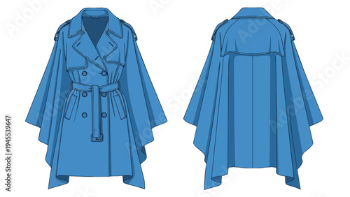 Blue oversized trench coat flat technical drawing with front and back views fashion design illustration vector garment blueprint