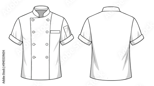 Chef uniform flat sketch, white short sleeve chef jacket front and back view technical drawing, professional kitchen attire template for culinary