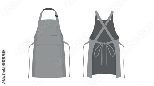 Modern gray apron design featuring adjustable neck strap and practical pockets, showcasing both front and criss-cross back views for ultimate
