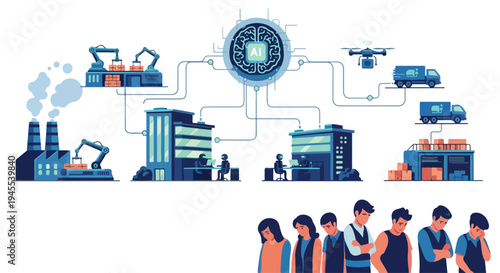 Flat 2D illustration of a concept depicting AI integration in industrial and social settings with a futuristic and technological mood.