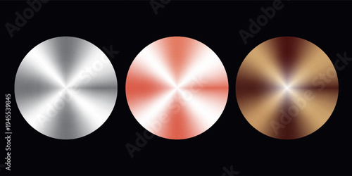 Metal radial gradients. Polished backgrounds of gold, silver, rose gold, bronze, chrome effects. Smooth circular light transitions with foil texture, metallic shine.
