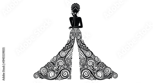 Black and white vector illustration of a woman in a decorative dress