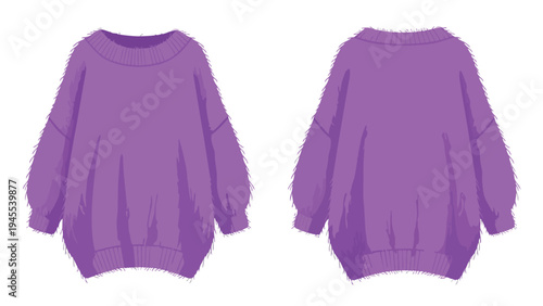 Soft purple knit sweater graphic illustration showcasing front and back views isolated on white perfect for cozy fashion designs digital apparel