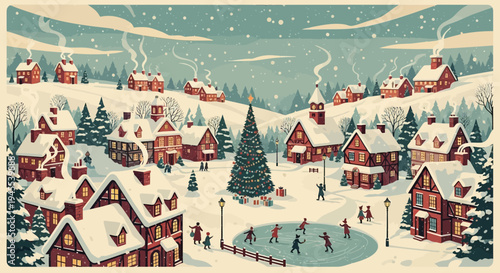 Cozy Winter Village Scene: Christmas Tree, Snowfall, Ice Skating, Festive Houses