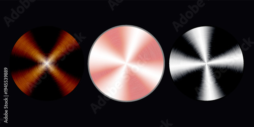 Metal radial gradients. Polished backgrounds of gold, silver, rose gold, bronze, chrome effects. Smooth circular light transitions with foil texture, metallic shine.