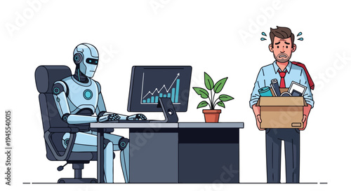Flat 2D illustration of a robot sitting at a desk with a computer and a man holding a box, conveying a concept of AI and unemployment in an office setting.