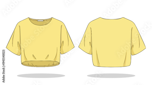 Casual yellow crop top technical flat sketch showing front and back, great for fashion design projects.