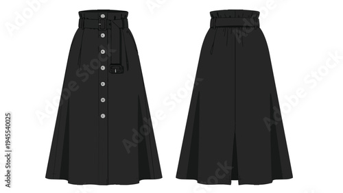 Elegant black high-waisted paperbag maxi skirt with belt and button details, showcasing a classic versatile apparel design
