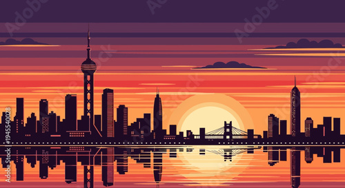 Pixel Art Cityscape at Sunset with Reflection