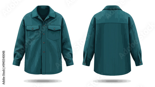 Deep teal oversized shirt jacket. Features subtle texture, classic collar, prominent chest pockets, button-down front. Perfect for versatile fashion