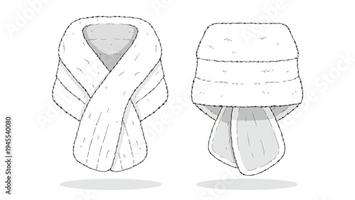 Stylized monochromatic flat sketch showcasing plush garment neckwear design featuring two distinct perspectives for fashion illustration template