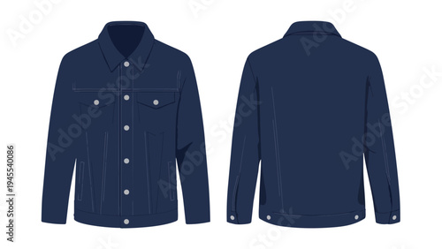 Flat vector illustration of a men's navy blue classic denim jacket, showing distinct front and back views ideal for detailed fashion design