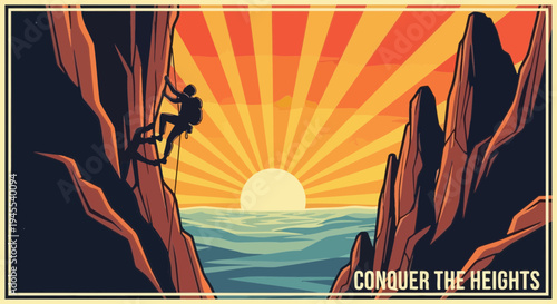 Adventurous climber scaling rocky cliff face at sunrise over ocean, inspiring success