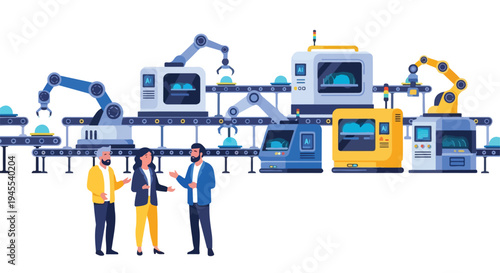 Flat 2D illustration of three people discussing automation and AI replacing jobs in a factory with industrial robots and machinery.