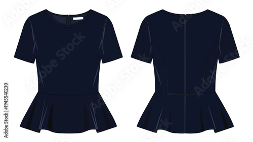 Sophisticated navy short sleeve peplum blouse technical fashion illustration depicting front and back views for women's contemporary apparel design