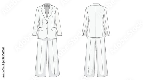 Detailed technical flat sketch depicting a sophisticated women's suit, showcasing both front and back views for precise fashion design and