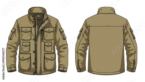 This technical illustration presents a versatile men's multi-pocket field jacket, rendered in a practical khaki hue, showcasing both front and rear