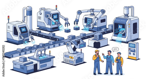 Flat 2D illustration of three workers discussing automation and AI replacing jobs on a production line with industrial robots and machinery in a factory setting.
