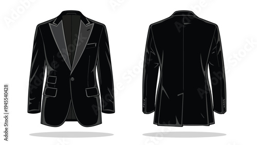Sharp black formal blazer flat vector illustration template showing detailed front and back views, perfect for stylish fashion design projects and