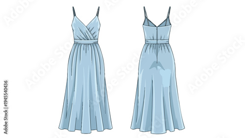 Elegant light blue maxi dress design illustration, showcasing front and back views for fashion patterns. Features delicate straps, V-neck, and a