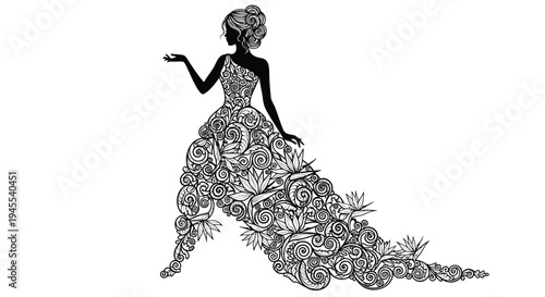 Vector illustration of woman in floral dress, black and white