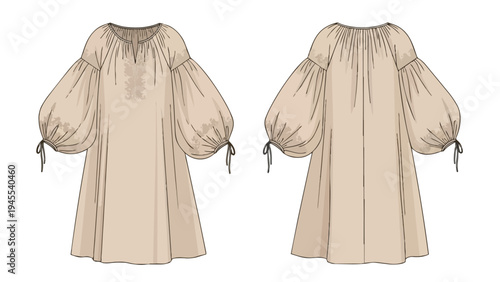 Fashion flat sketch of a comfortable, loose-fitting tunic dress with voluminous balloon sleeves and tie details