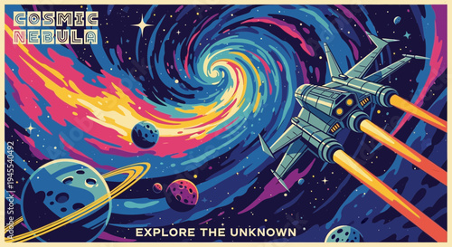 Retro Spaceship Exploring Cosmic Nebula with Planets